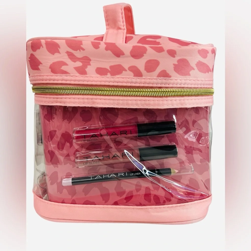 Tahari Train Case With Cosmetics Pink Leopard Print. Gift Included.